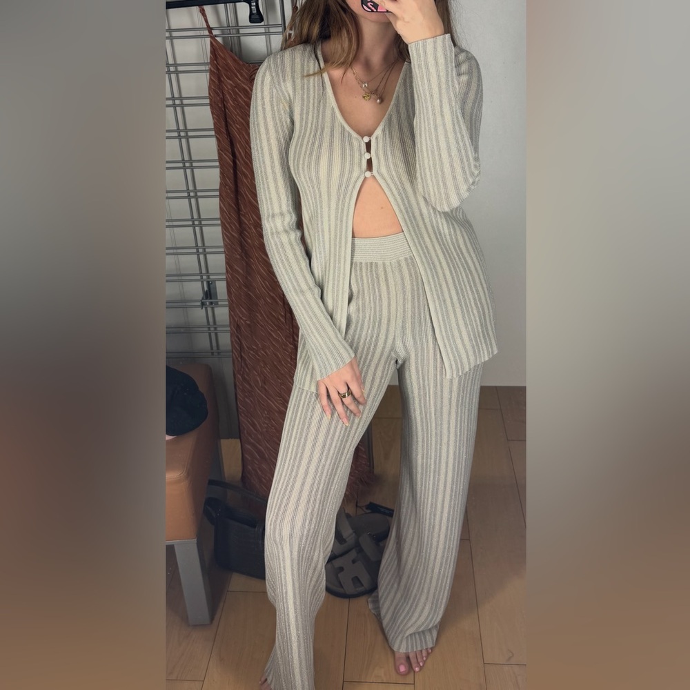 Women's Ribbed Knit Set in Cream/Silver